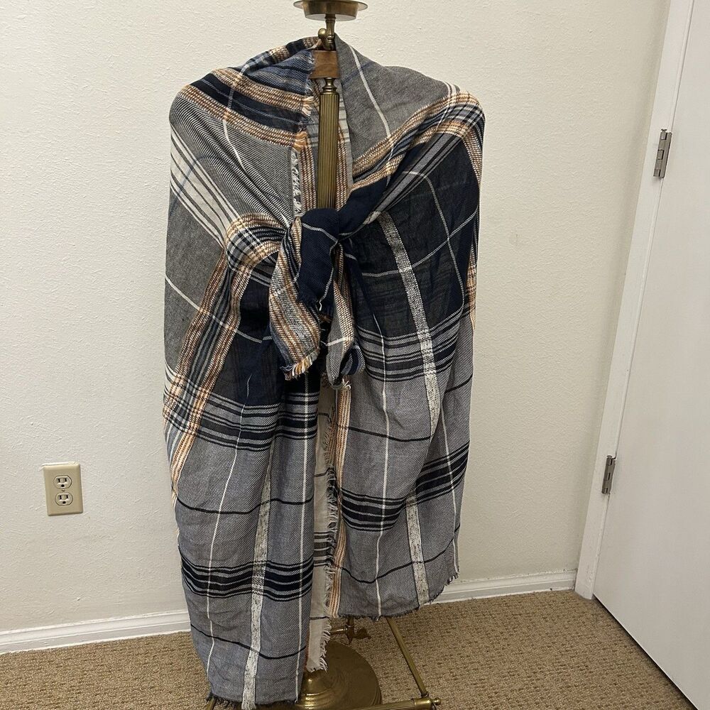 Vismaya Collection oversized navy blue, cream, and orange plaid blanket scarf